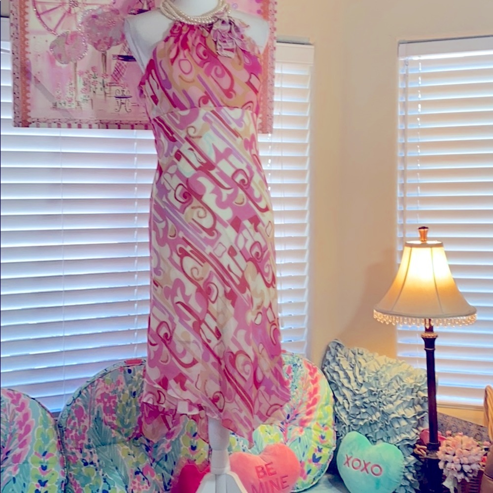 Signature by Sangria Pink and White Midi Dress